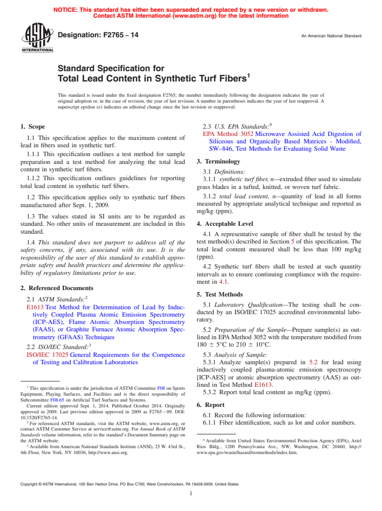 ASTM F2765-14 - Standard Specification For Total Lead Content In ...