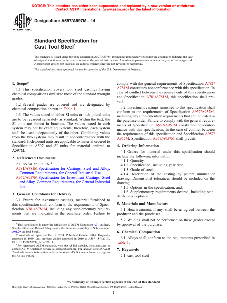 ASTM A597/A597M-14 - Standard Specification for Cast Tool Steel