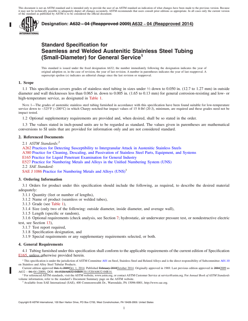 REDLINE ASTM A632-04(2014) - Standard Specification for  Seamless and Welded Austenitic Stainless Steel Tubing &#40;Small-Diameter&#41;   for General Service