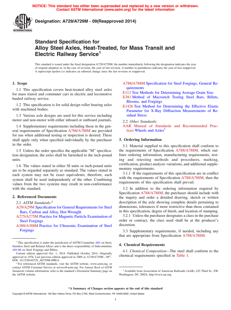 ASTM A729/A729M-09(2014) - Standard Specification for Alloy Steel Axles, Heat-Treated, for Mass Transit and Electric  Railway Service