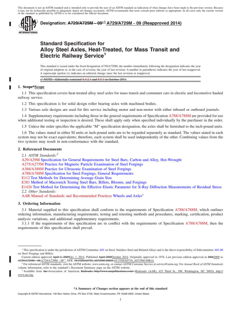 REDLINE ASTM A729/A729M-09(2014) - Standard Specification for Alloy Steel Axles, Heat-Treated, for Mass Transit and Electric  Railway Service