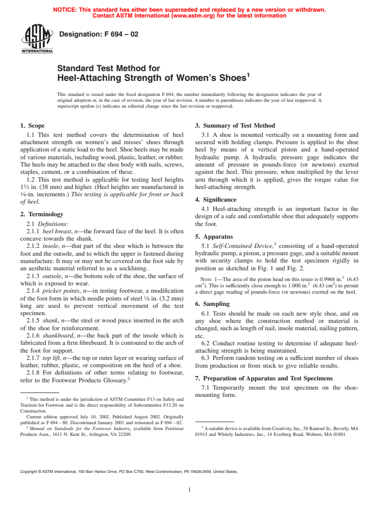 ASTM F694-02 - Standard Test Method for Heel-Attaching Strength of Women's Shoes