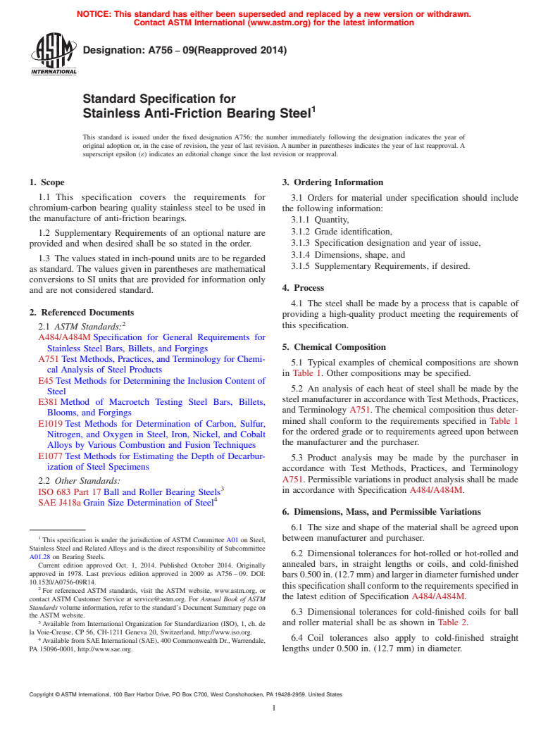 ASTM A756-09(2014) - Standard Specification for Stainless Anti-Friction Bearing Steel