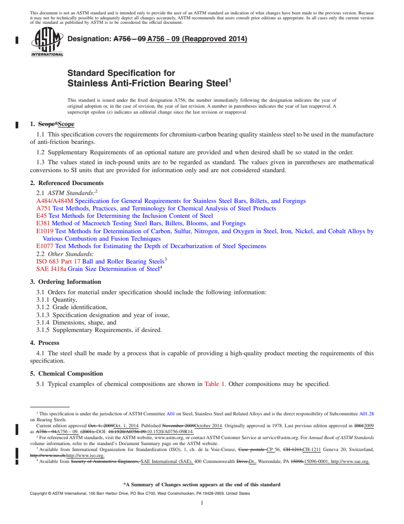 REDLINE ASTM A756-09(2014) - Standard Specification for Stainless Anti-Friction Bearing Steel