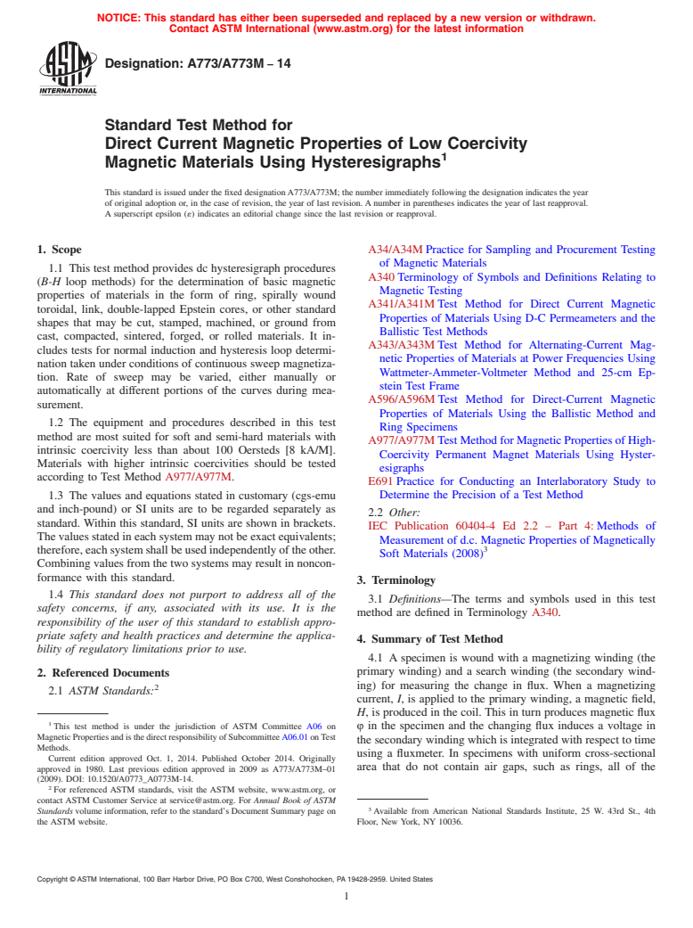 ASTM A773/A773M-14 - Standard Test Method for Direct Current Magnetic Properties of Low Coercivity Magnetic  Materials Using Hysteresigraphs