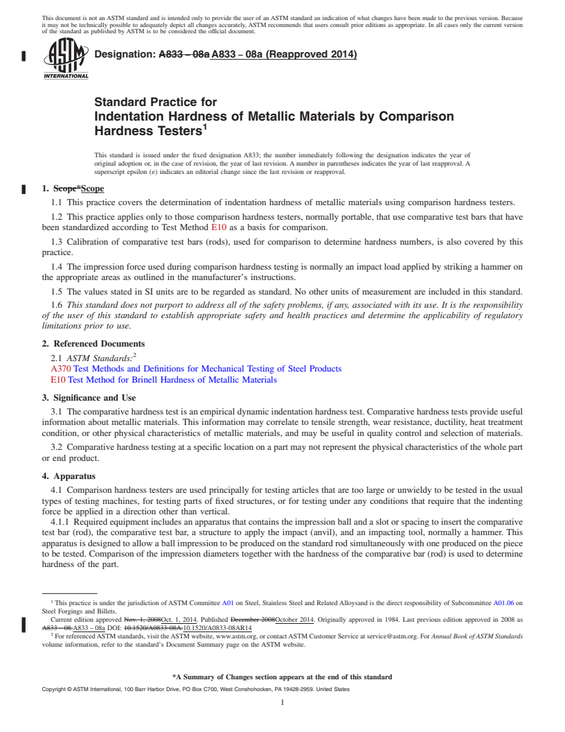 REDLINE ASTM A833-08a(2014) - Standard Practice for Indentation Hardness of Metallic Materials by Comparison Hardness  Testers