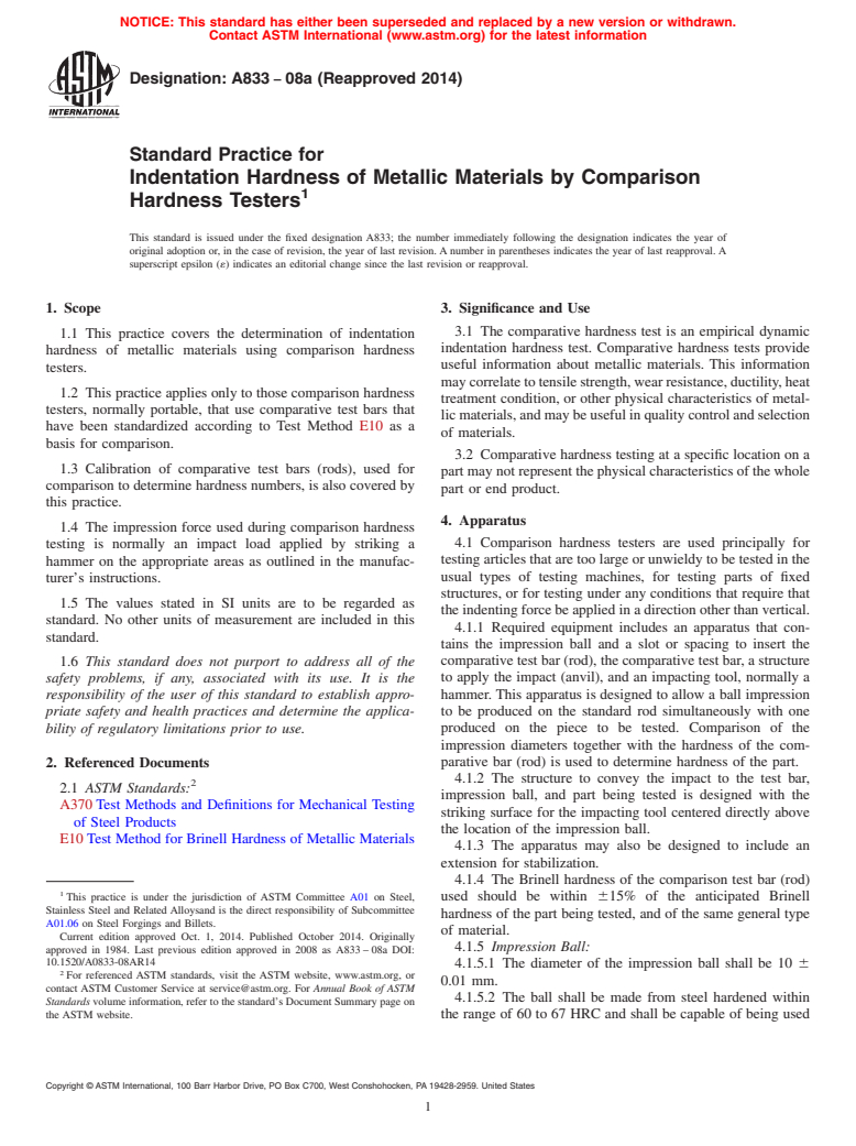 ASTM A833-08a(2014) - Standard Practice for Indentation Hardness of Metallic Materials by Comparison Hardness  Testers