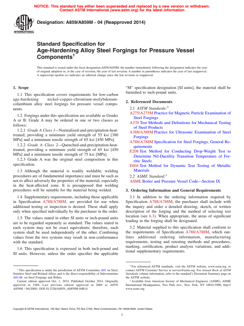 ASTM A859/A859M-04(2014) - Standard Specification for Age-Hardening Alloy Steel Forgings for Pressure Vessel Components