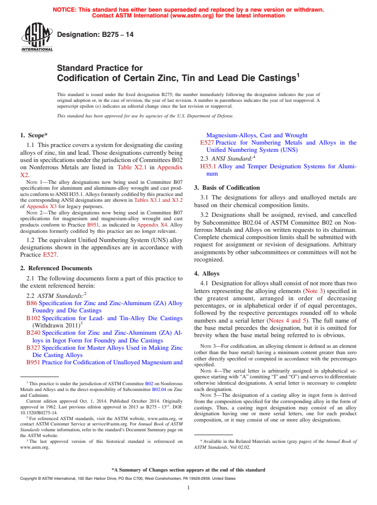 ASTM B275-14 - Standard Practice for Codification of Certain Zinc, Tin and Lead Die Castings (Withdrawn 2020)