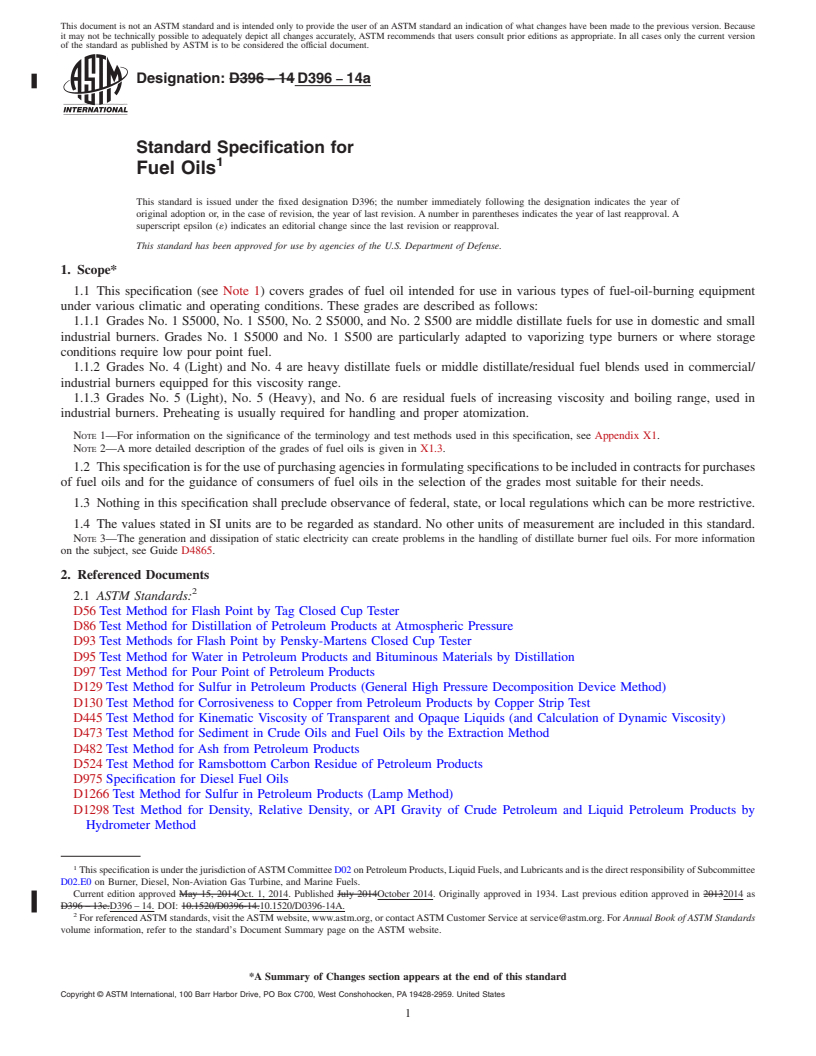 REDLINE ASTM D396-14a - Standard Specification for  Fuel Oils