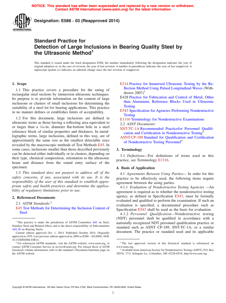 ASTM E588-03(2014) - Standard Practice for Detection of Large Inclusions in Bearing Quality Steel by the  Ultrasonic Method