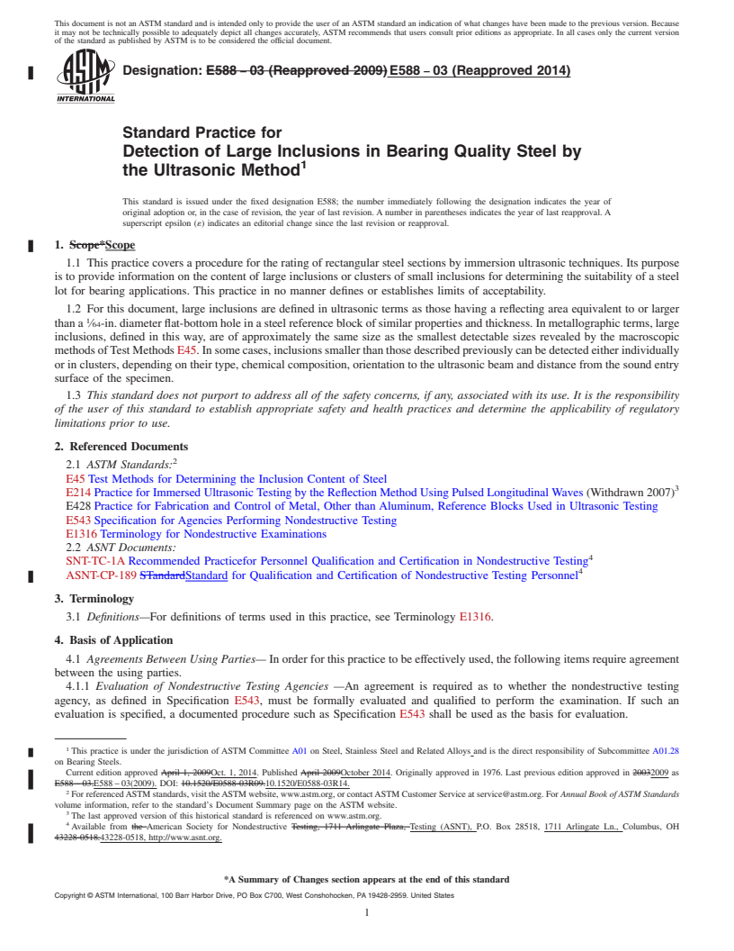 REDLINE ASTM E588-03(2014) - Standard Practice for Detection of Large Inclusions in Bearing Quality Steel by the  Ultrasonic Method