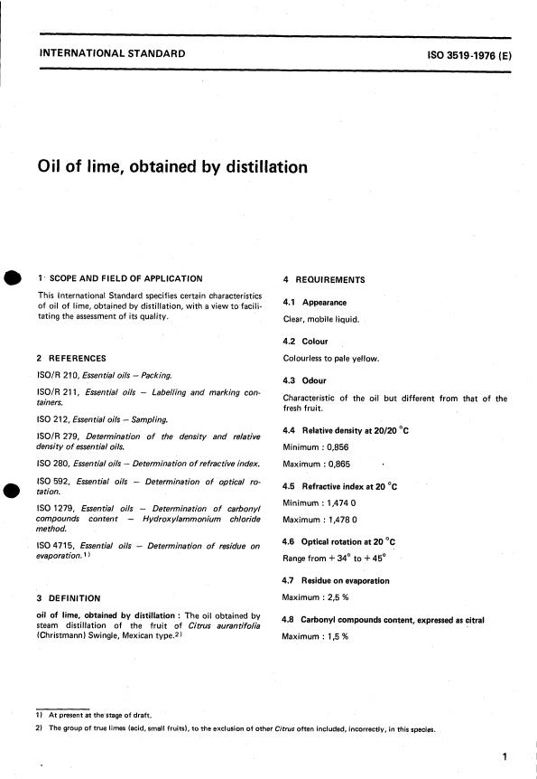 ISO 3519:1976 - Oil of lime, obtained by distillation