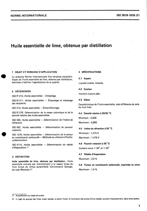 ISO 3519:1976 - Huile essentielle de lime, obtenue par distillation