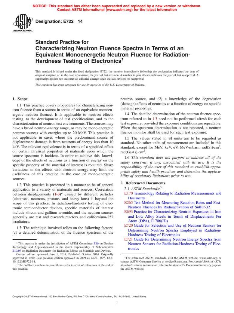 ASTM E722-14 - Standard Practice for  Characterizing Neutron Fluence Spectra in Terms of an Equivalent  Monoenergetic Neutron Fluence for Radiation-Hardness Testing of Electronics