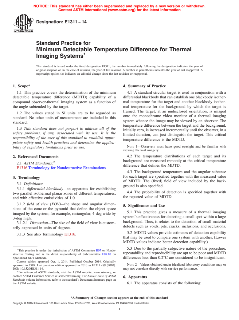 ASTM E1311-14 - Standard Practice for  Minimum Detectable Temperature Difference for Thermal Imaging  Systems