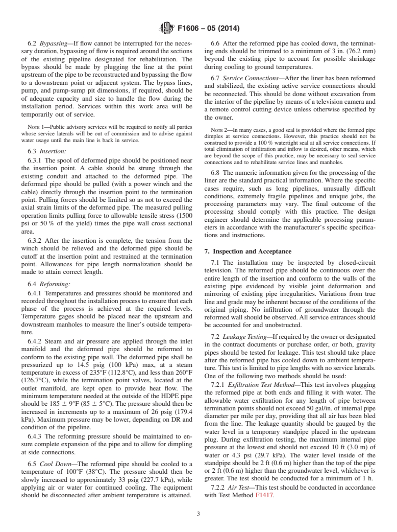 ASTM F1606-05(2014) - Standard Practice for  Rehabilitation of Existing Sewers and Conduits with Deformed  Polyethylene  &#40;PE&#41; Liner