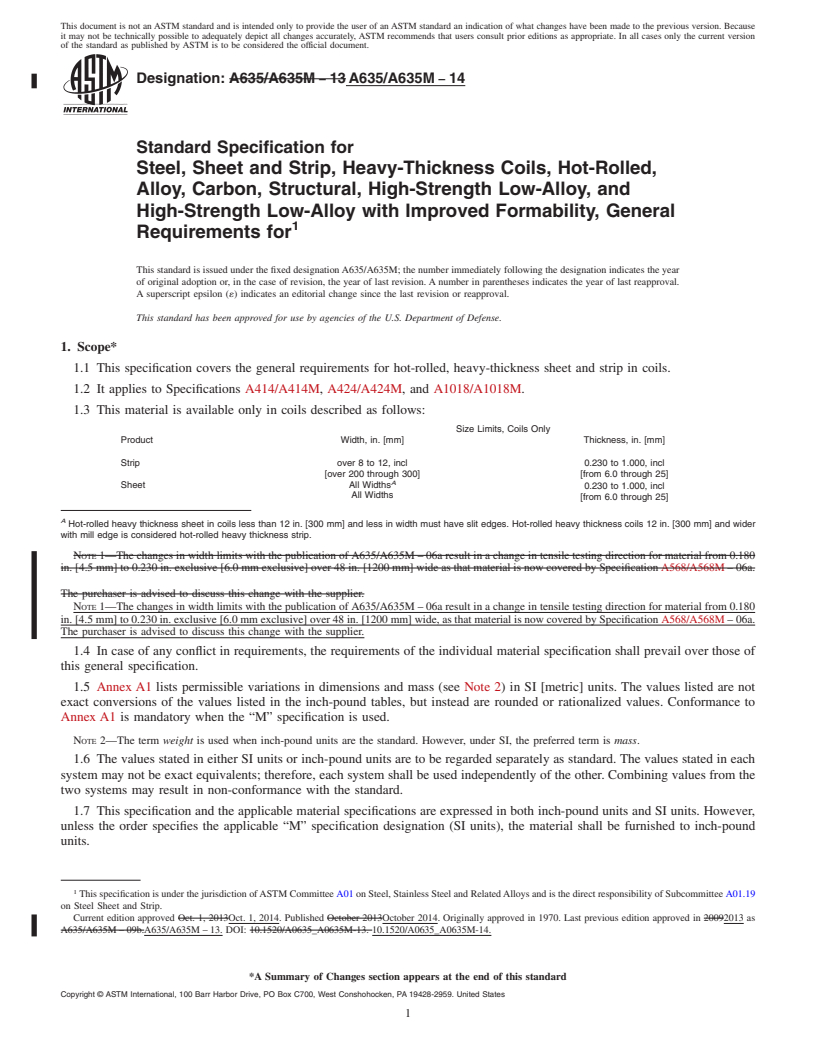 REDLINE ASTM A635/A635M-14 - Standard Specification for  Steel, Sheet and Strip, Heavy-Thickness Coils, Hot-Rolled,  Alloy, Carbon, Structural, High-Strength Low-Alloy, and High-Strength  Low-Alloy with Improved Formability, General Requirements for