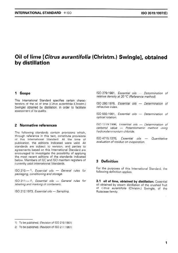 ISO 3519:1997 - Oil of lime (Citrus aurantifolia (Christm.) Swingle), obtained by distillation