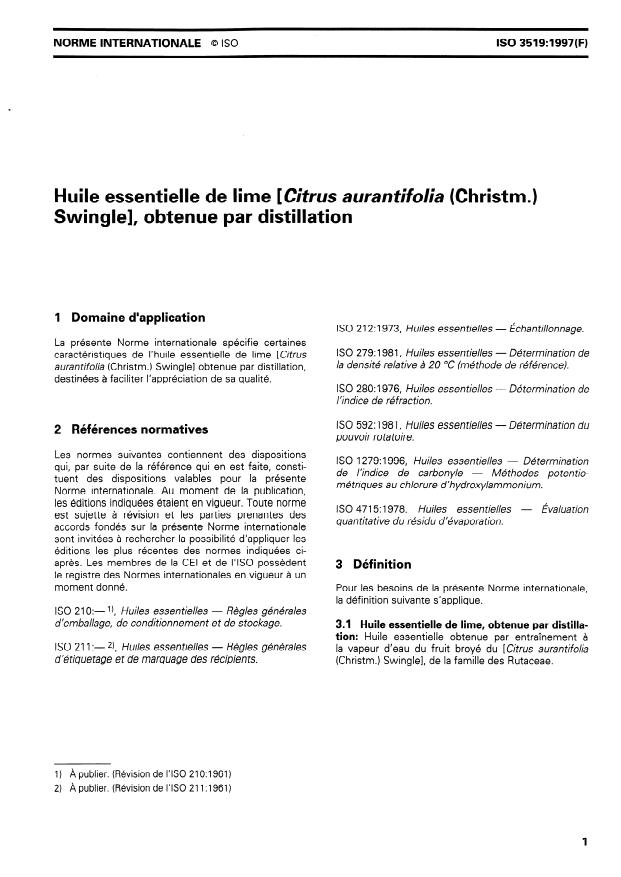 ISO 3519:1997 - Huile essentielle de lime (Citrus aurantifolia (Christm.) Swingle), obtenue par distillation
