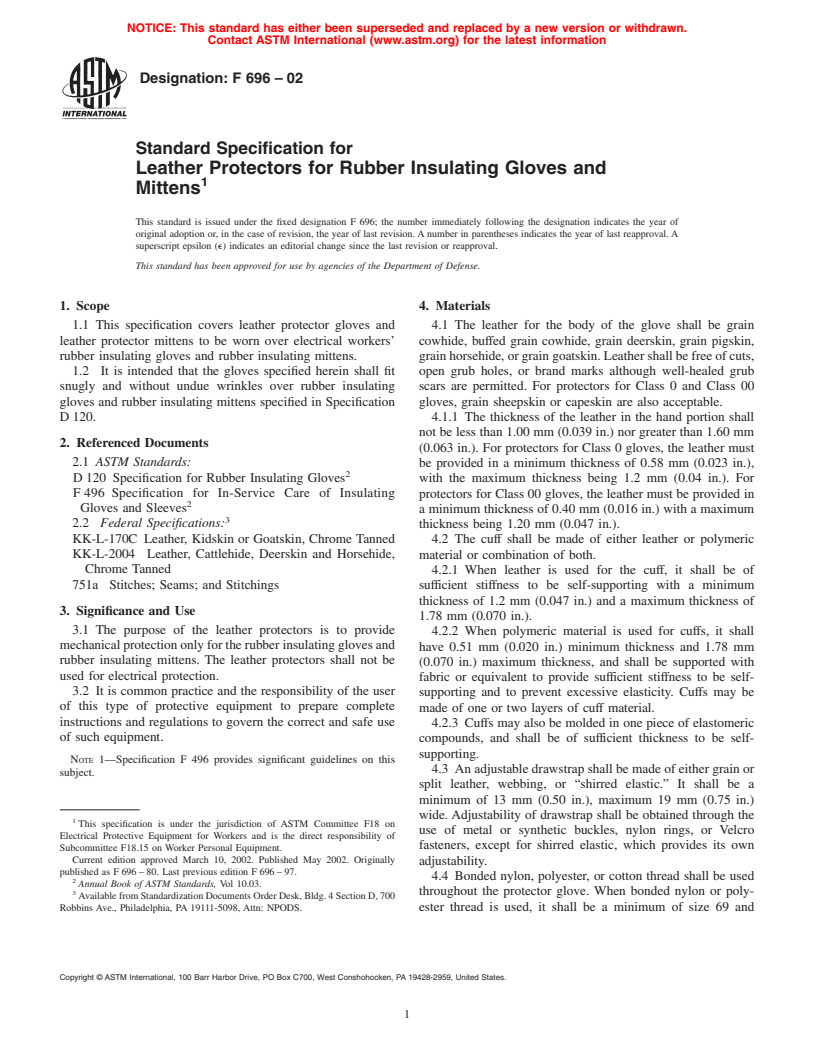 ASTM F696-02 - Standard Specification for Leather Protectors for Rubber Insulating Gloves and Mittens