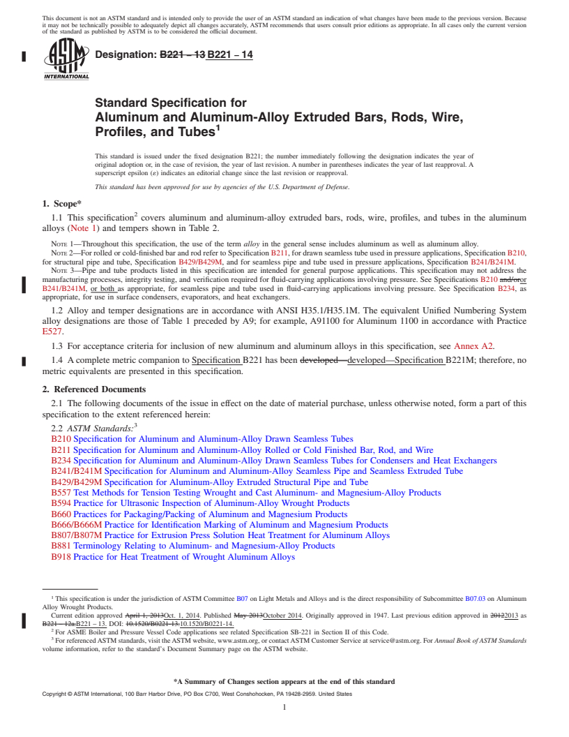 REDLINE ASTM B221-14 - Standard Specification for  Aluminum and Aluminum-Alloy Extruded Bars, Rods, Wire, Profiles,  and Tubes