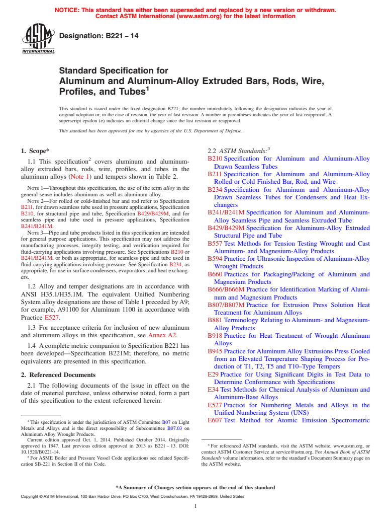 ASTM B221-14 - Standard Specification for  Aluminum and Aluminum-Alloy Extruded Bars, Rods, Wire, Profiles,  and Tubes