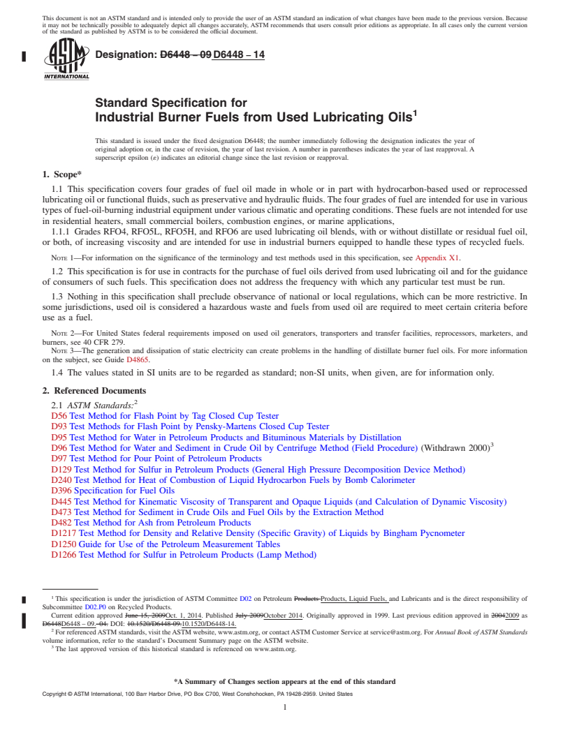 REDLINE ASTM D6448-14 - Standard Specification for  Industrial Burner Fuels from Used Lubricating Oils