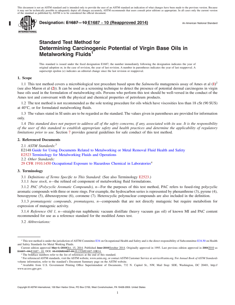 REDLINE ASTM E1687-10(2014) - Standard Test Method for  Determining Carcinogenic Potential of Virgin Base Oils in Metalworking  Fluids