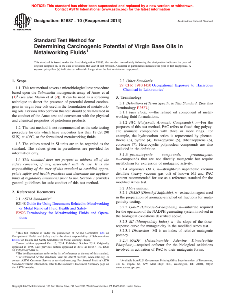 ASTM E1687-10(2014) - Standard Test Method for  Determining Carcinogenic Potential of Virgin Base Oils in Metalworking  Fluids