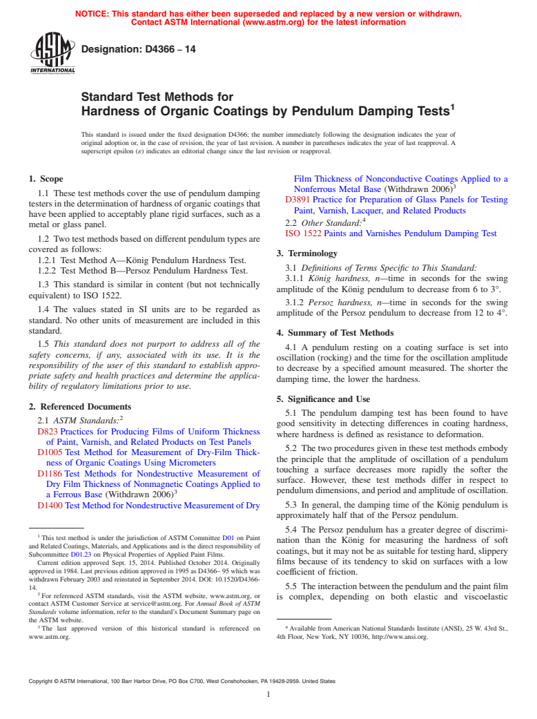 ASTM D4366-14 - Standard Test Methods for Hardness of Organic Coatings by Pendulum Damping Tests