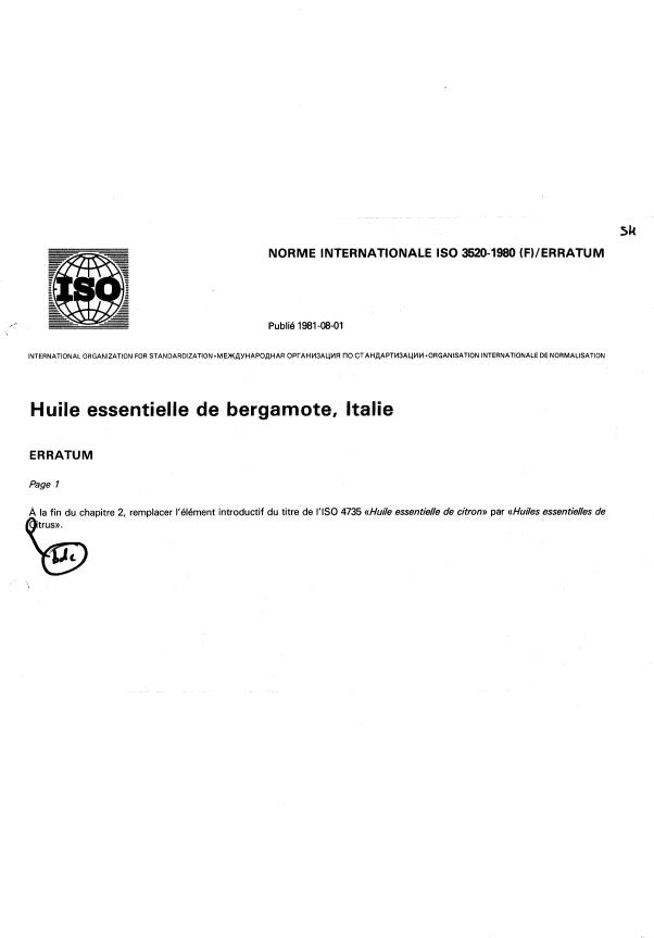 ISO 3520:1980 - Huile essentielle de bergamote, Italie
