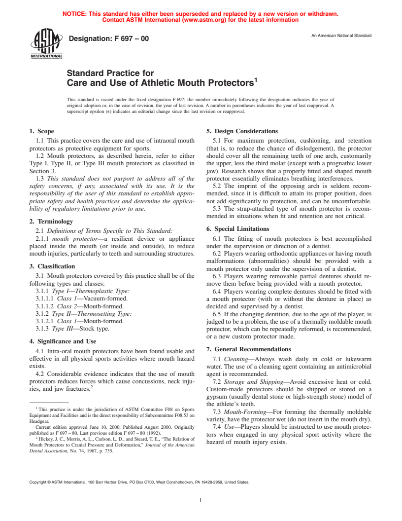 ASTM F697-00 - Standard Practice for Care and Use of Athletic Mouth Protectors