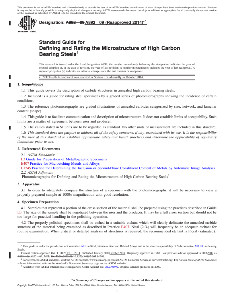 REDLINE ASTM A892-09(2014)e1 - Standard Guide for Defining and Rating the Microstructure of High Carbon Bearing  Steels