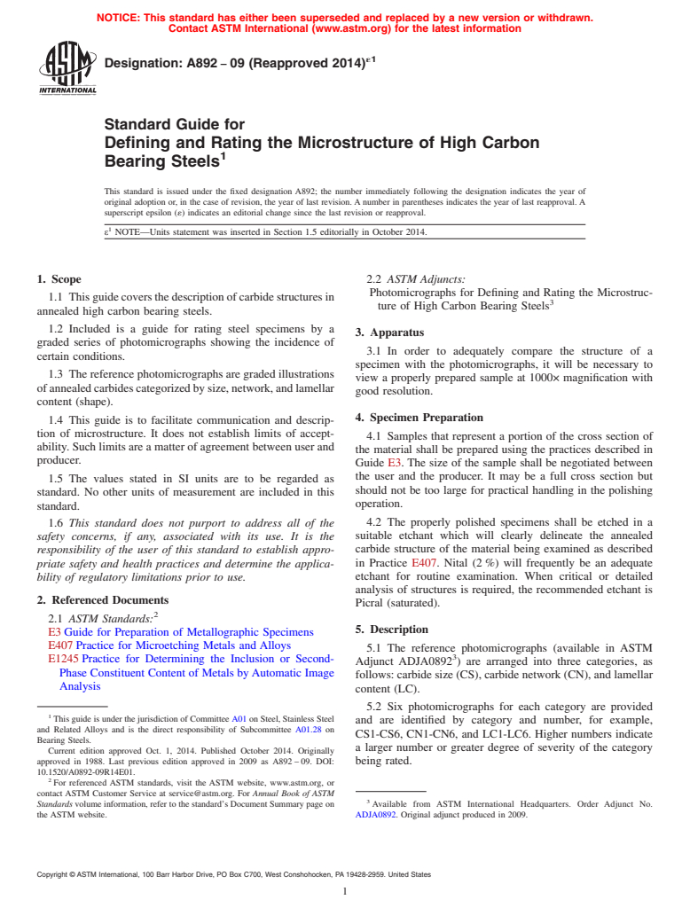 ASTM A892-09(2014)e1 - Standard Guide for Defining and Rating the Microstructure of High Carbon Bearing  Steels