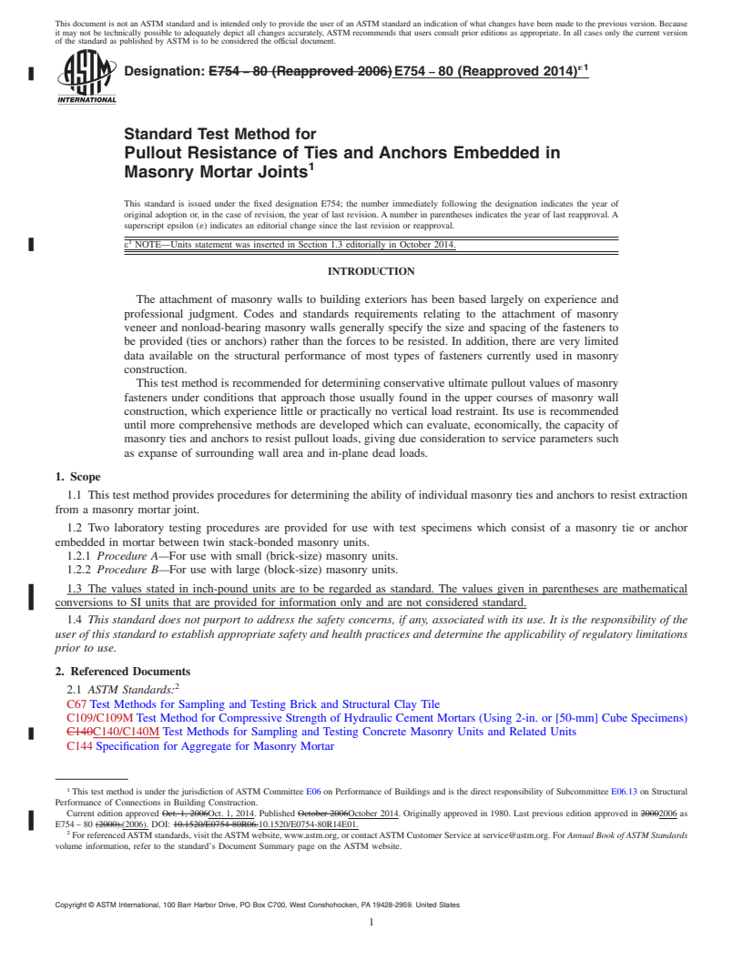 REDLINE ASTM E754-80(2014)e1 - Standard Test Method for Pullout Resistance of Ties and Anchors Embedded in Masonry  Mortar Joints