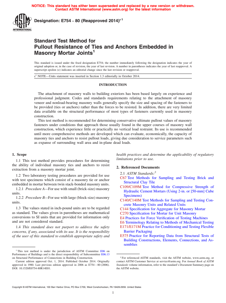 ASTM E754-80(2014)e1 - Standard Test Method for Pullout Resistance of Ties and Anchors Embedded in Masonry  Mortar Joints