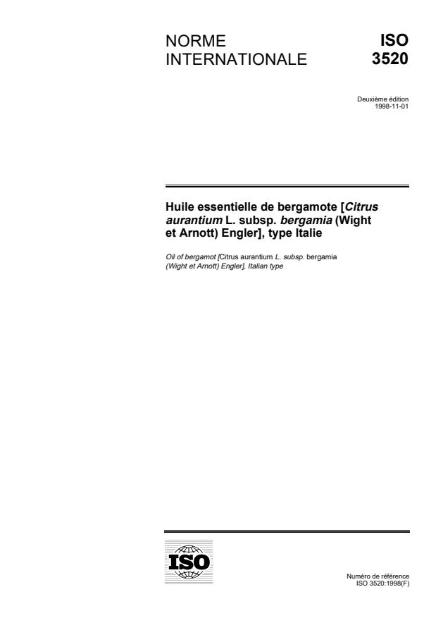 ISO 3520:1998 - Huile essentielle de bergamote [Citrus aurantium L. subsp. bergamia (Wight et Arnott) Engler], type Italie