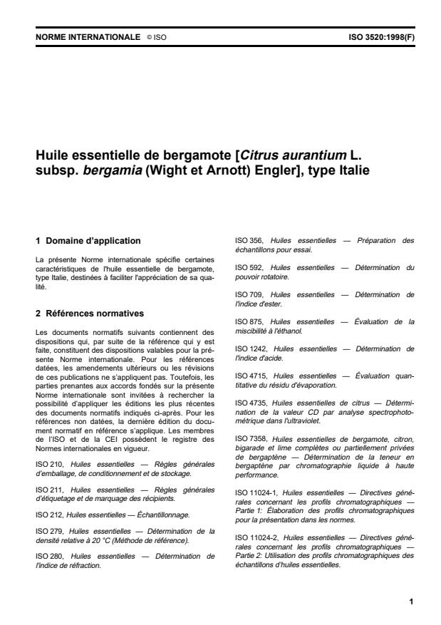ISO 3520:1998 - Huile essentielle de bergamote [Citrus aurantium L. subsp. bergamia (Wight et Arnott) Engler], type Italie