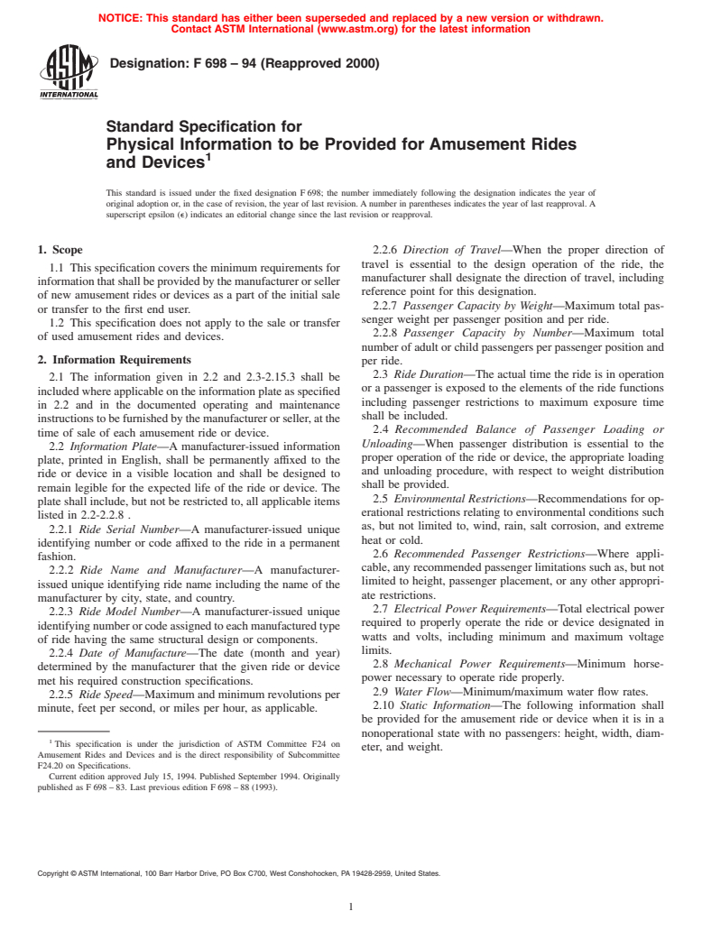 ASTM F698-94(2000) - Standard Specification for Physical Information to be Provided for Amusement Rides and Devices (Withdrawn 2009)