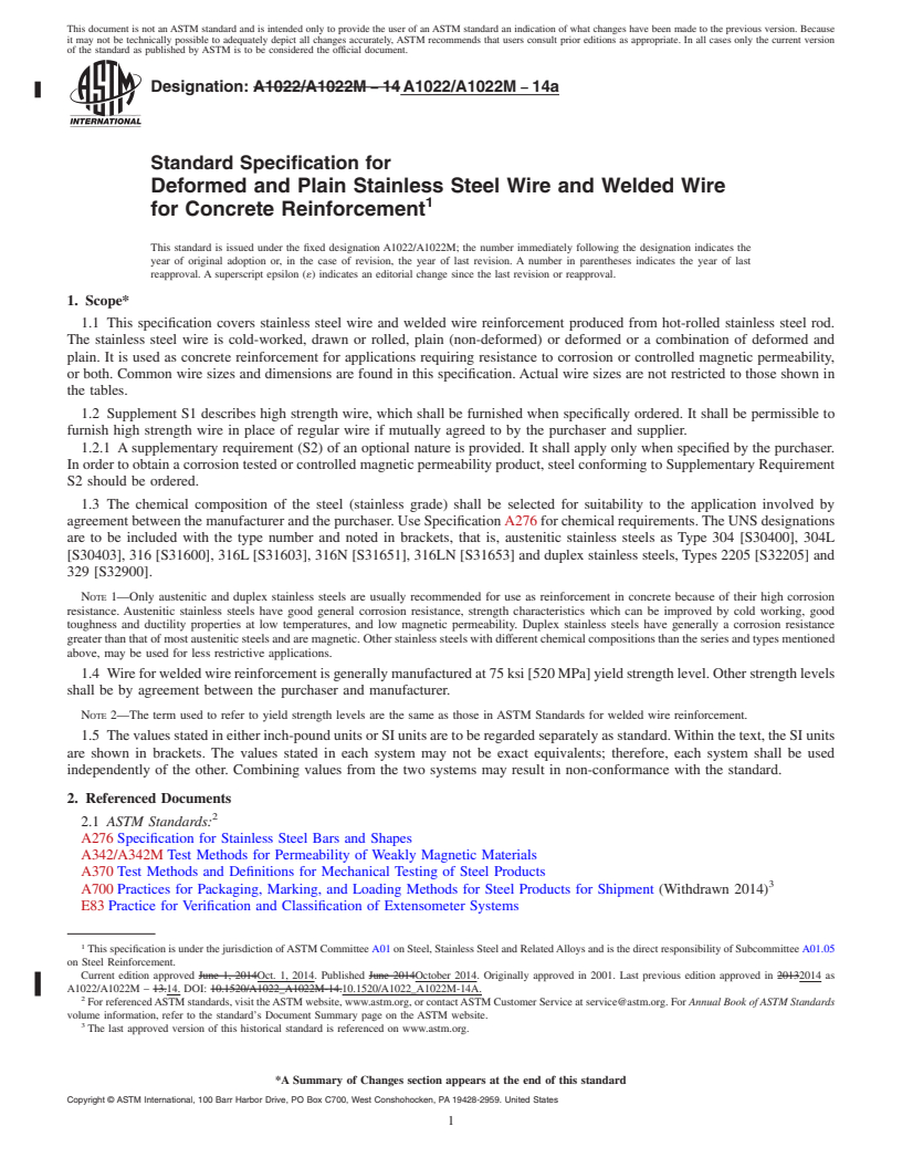 REDLINE ASTM A1022/A1022M-14a - Standard Specification for  Deformed and Plain Stainless Steel Wire and Welded Wire for  Concrete Reinforcement