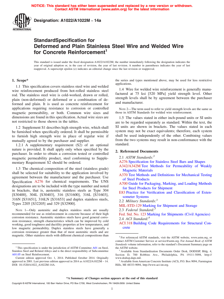 ASTM A1022/A1022M-14a - Standard Specification for  Deformed and Plain Stainless Steel Wire and Welded Wire for  Concrete Reinforcement