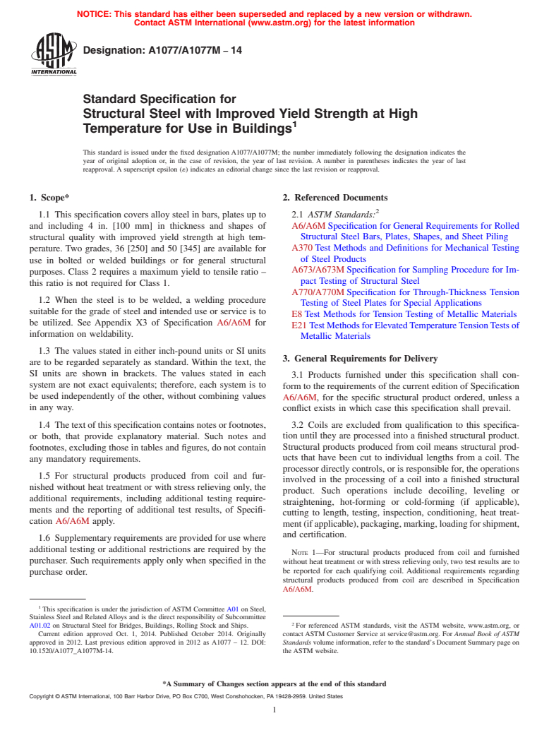 ASTM A1077/A1077M-14 - Standard Specification for  Structural Steel with Improved Yield Strength at High Temperature  for Use in Buildings