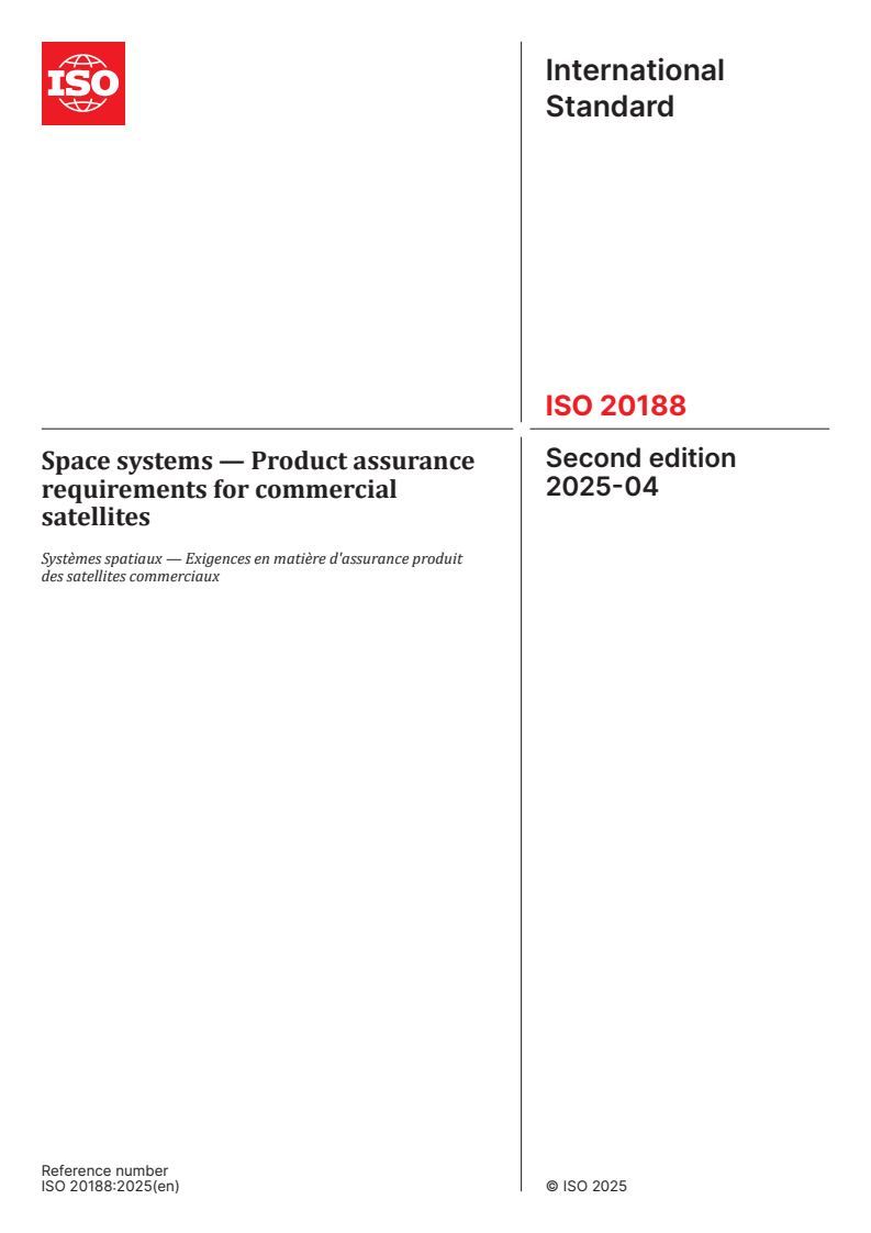 ISO 20188:2025 - Space systems — Product assurance requirements for commercial satellites
Released:8. 04. 2025