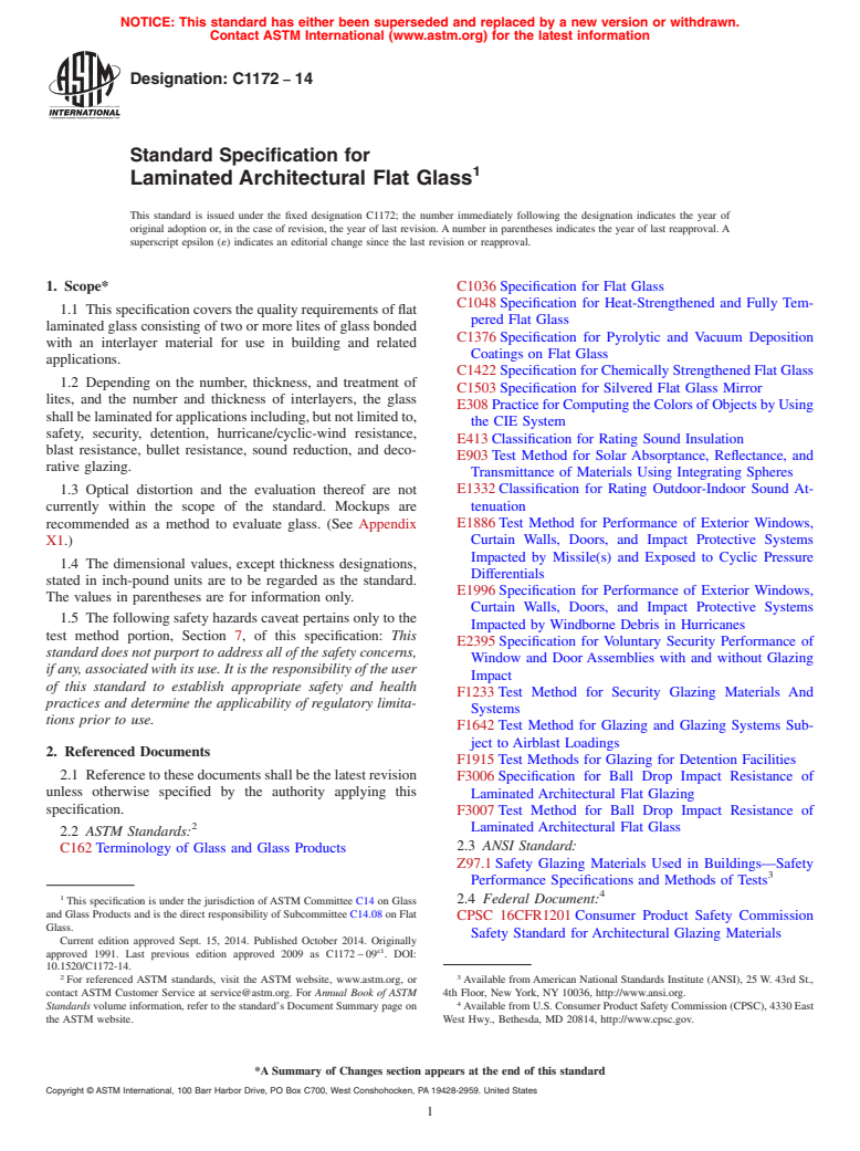 ASTM C1172-14 - Standard Specification for  Laminated Architectural Flat Glass