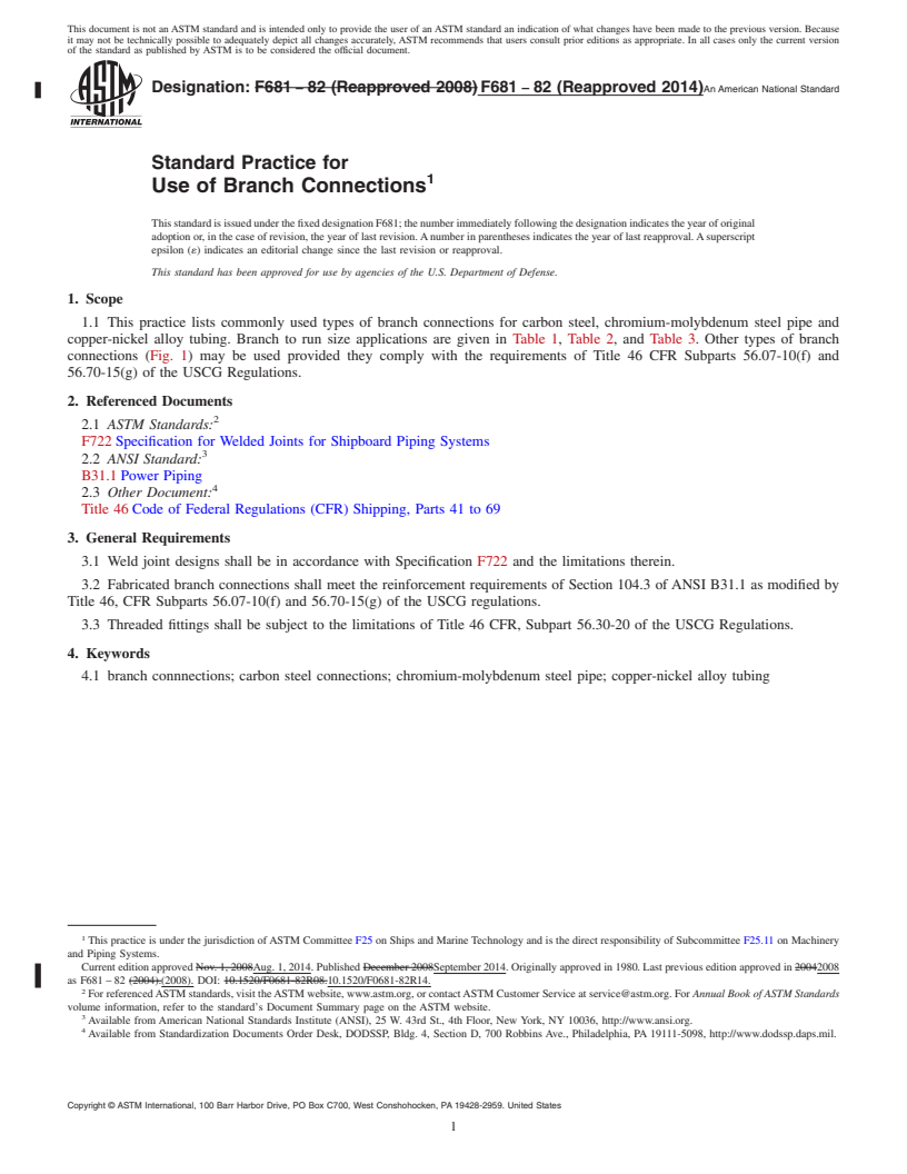 REDLINE ASTM F681-82(2014) - Standard Practice for  Use of Branch Connections