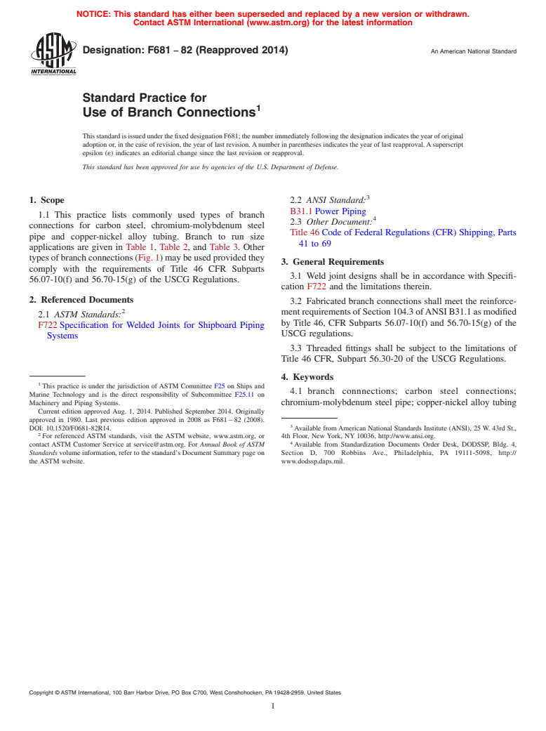 ASTM F681-82(2014) - Standard Practice for  Use of Branch Connections