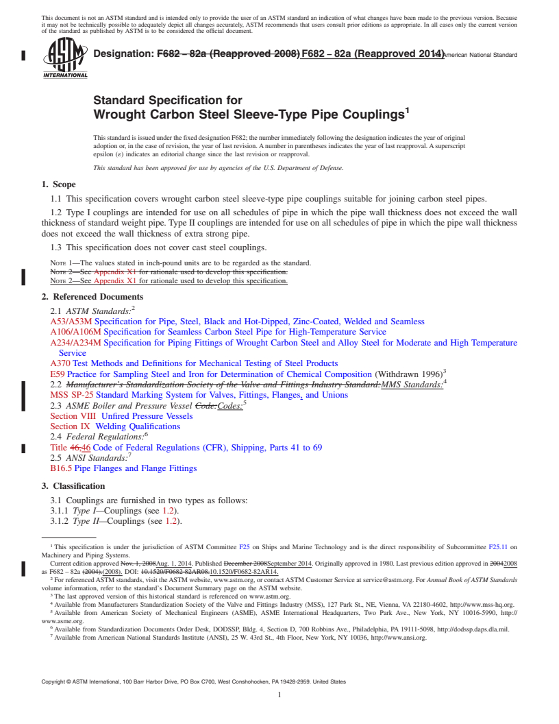 REDLINE ASTM F682-82a(2014) - Standard Specification for  Wrought Carbon Steel Sleeve-Type Pipe Couplings