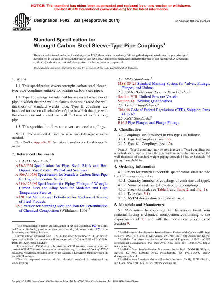 ASTM F682-82a(2014) - Standard Specification for  Wrought Carbon Steel Sleeve-Type Pipe Couplings