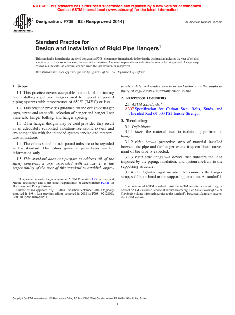 ASTM F708-92(2014) - Standard Practice for  Design and Installation of Rigid Pipe Hangers